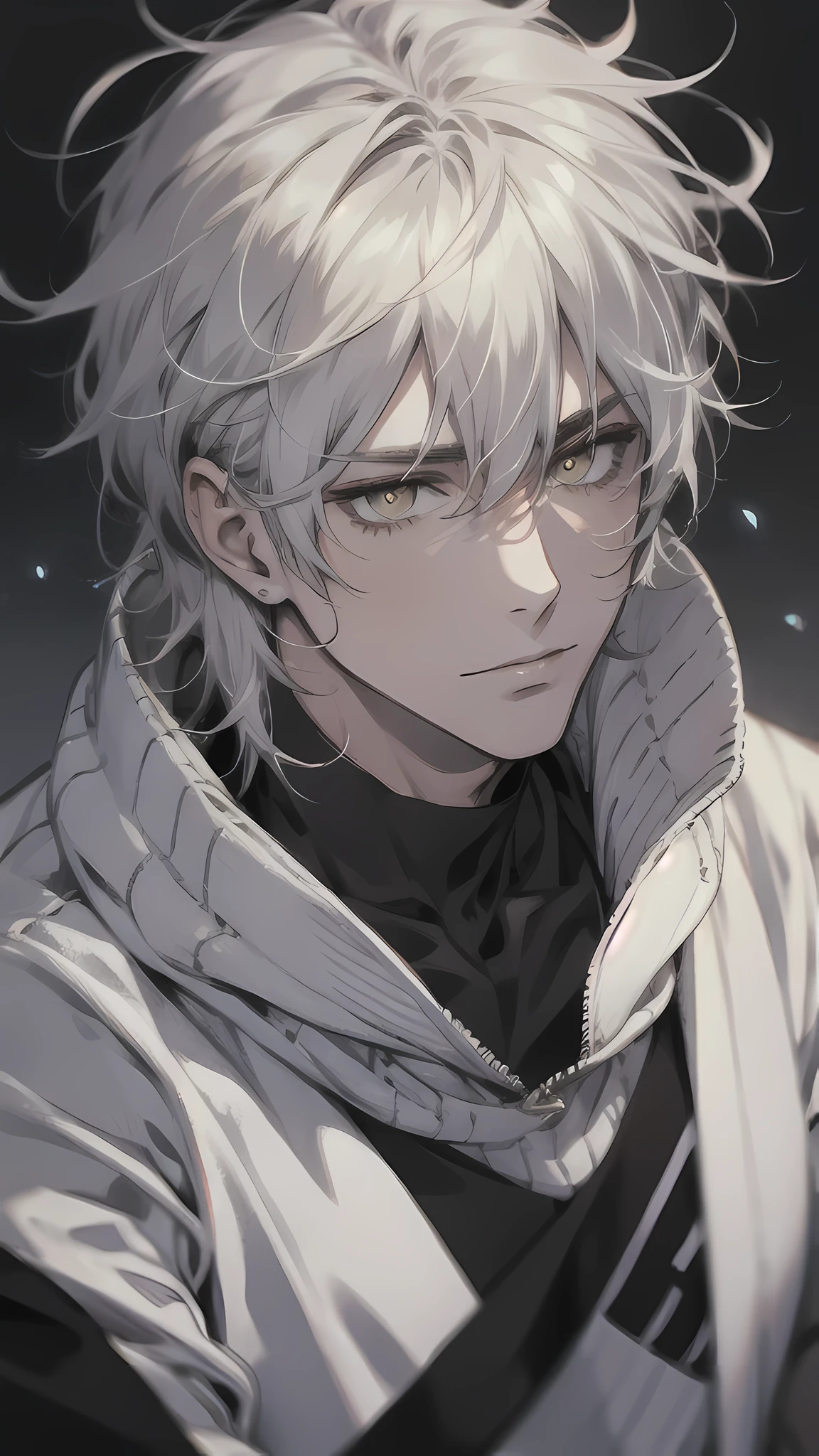 One, male, man, white soft sweater, yellow eyes, direct facial treatment, Short white disheveled messy hair length, color of light and gradient black stripes, sun light, warm light, anime style