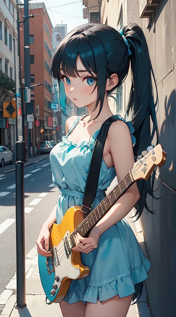 ((masterpiece, best quality))1girl, solo, black dress, blue eyes, electric guitar, headphones, double ponytail, long hair, music, one side up, teal hair, twin tails, white sundress, guitar case on her back, walking the afternoon street 