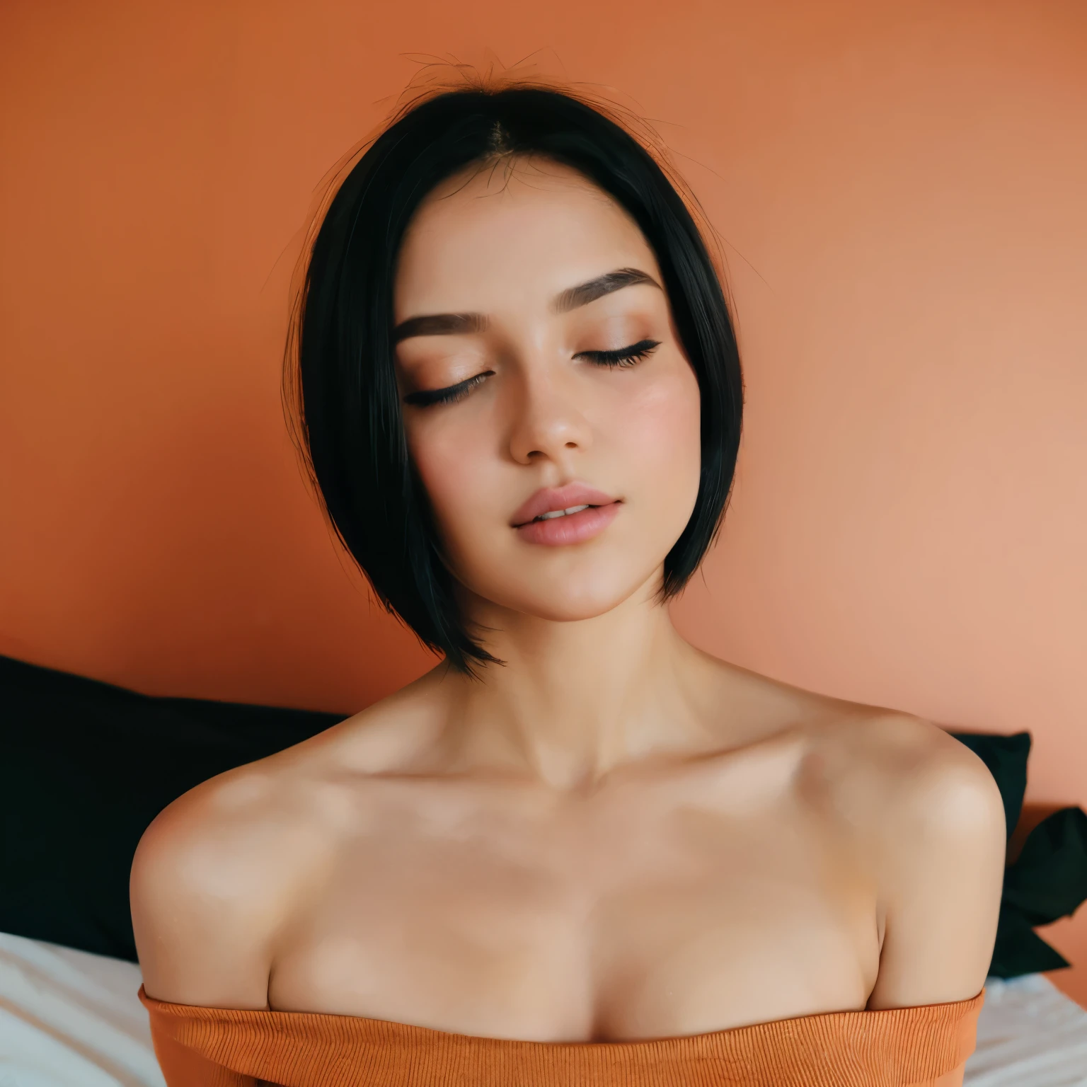 A close up of a woman with a very big breast on a bed - SeaArt AI