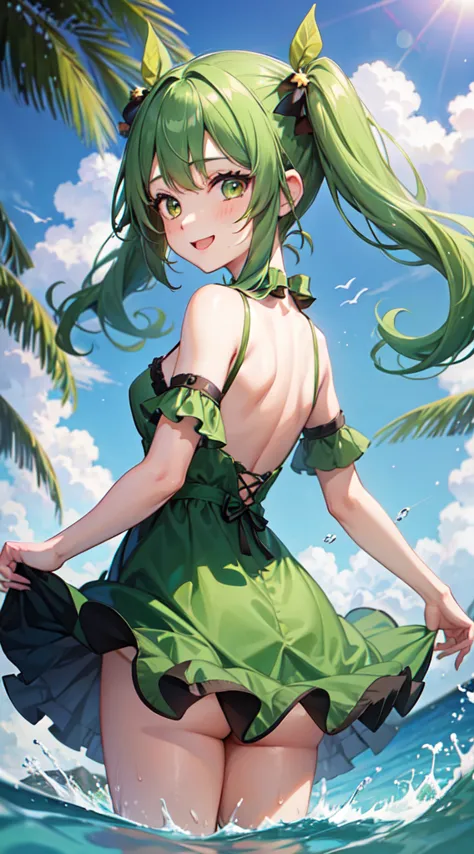 1girl, solo, hair ornament, green hair, twintails, long hair, dress, water, splashing, smiling, back turned 