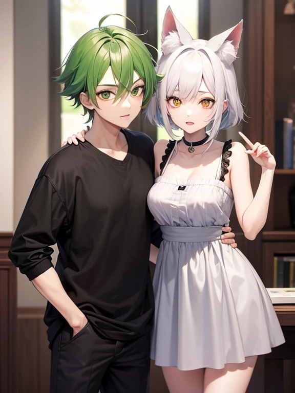 Pareja chico y chica adultos, several poses together you can see the mutual attraction, chica Fox pelo largo gris, color verde brillando iris del ojo verde, boy short bicolor hair his eyes are also bicolor, obra de anime tv, -auto