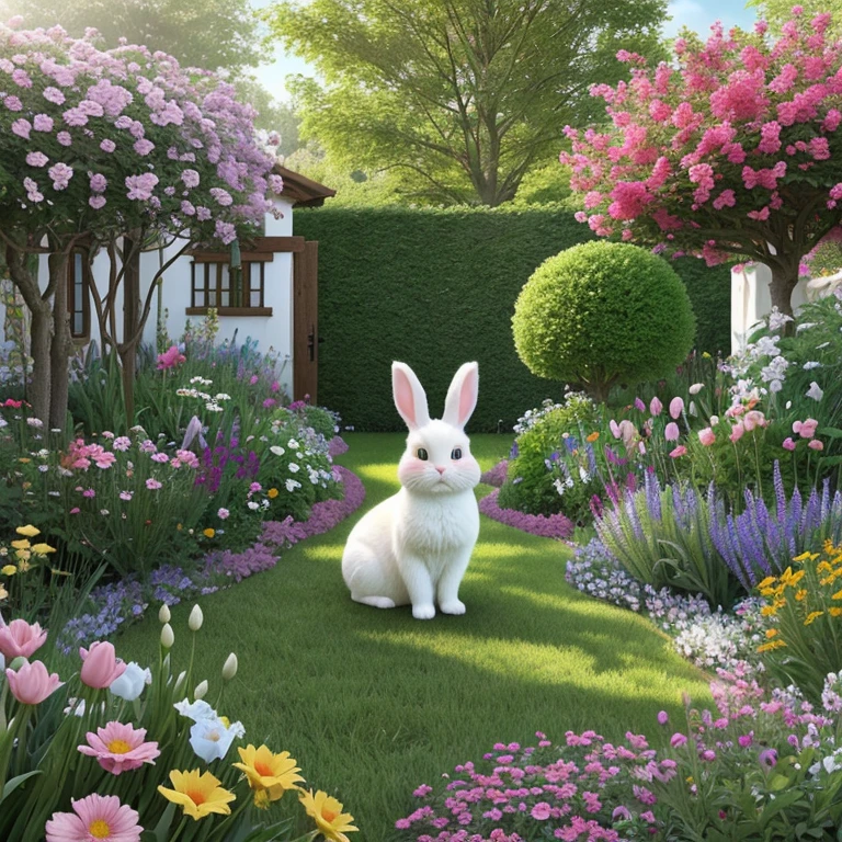 A cute Easter Bunny Cat hiding in a colorful garden, surrounded by blooming flowers and vibrant Easter eggs. The bunny cat has big, expressive eyes and a playful, mischievous smile. Its soft fur is fluffy and has pastel colors, resembling the shades of Easter eggs. The bunny cat wears a decorative Easter bow tie and holds a basket filled with colorful eggs in its paws. The garden is bathed in warm sunlight, creating a whimsical and enchanting atmosphere. The scene is captured in a detailed and realistic style, resembling a high-resolution photograph. The colors are vivid and vibrant, with a touch of pastel tones to enhance the cheerful Easter theme. The lighting is soft and diffused, casting a warm glow on the bunny cat and the garden.