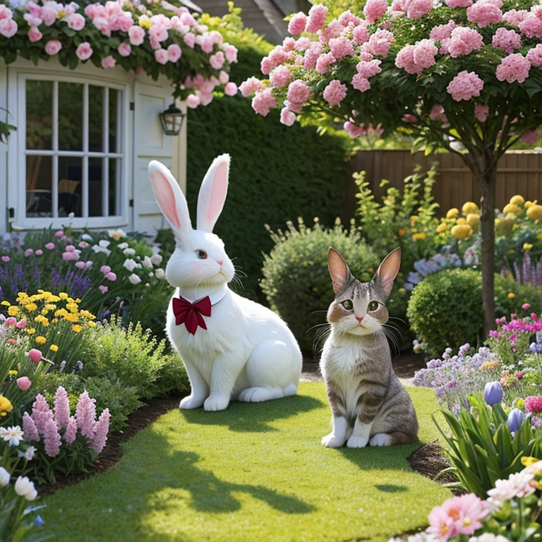 A cute Easter Bunny Cat hiding in a colorful garden, surrounded by blooming flowers and vibrant Easter eggs. The bunny cat has big, expressive eyes and a playful, mischievous smile. Its soft fur is fluffy and has pastel colors, resembling the shades of Easter eggs. The bunny cat wears a decorative Easter bow tie and holds a basket filled with colorful eggs in its paws. The garden is bathed in warm sunlight, creating a whimsical and enchanting atmosphere. The scene is captured in a detailed and realistic style, resembling a high-resolution photograph. The colors are vivid and vibrant, with a touch of pastel tones to enhance the cheerful Easter theme. The lighting is soft and diffused, casting a warm glow on the bunny cat and the garden.