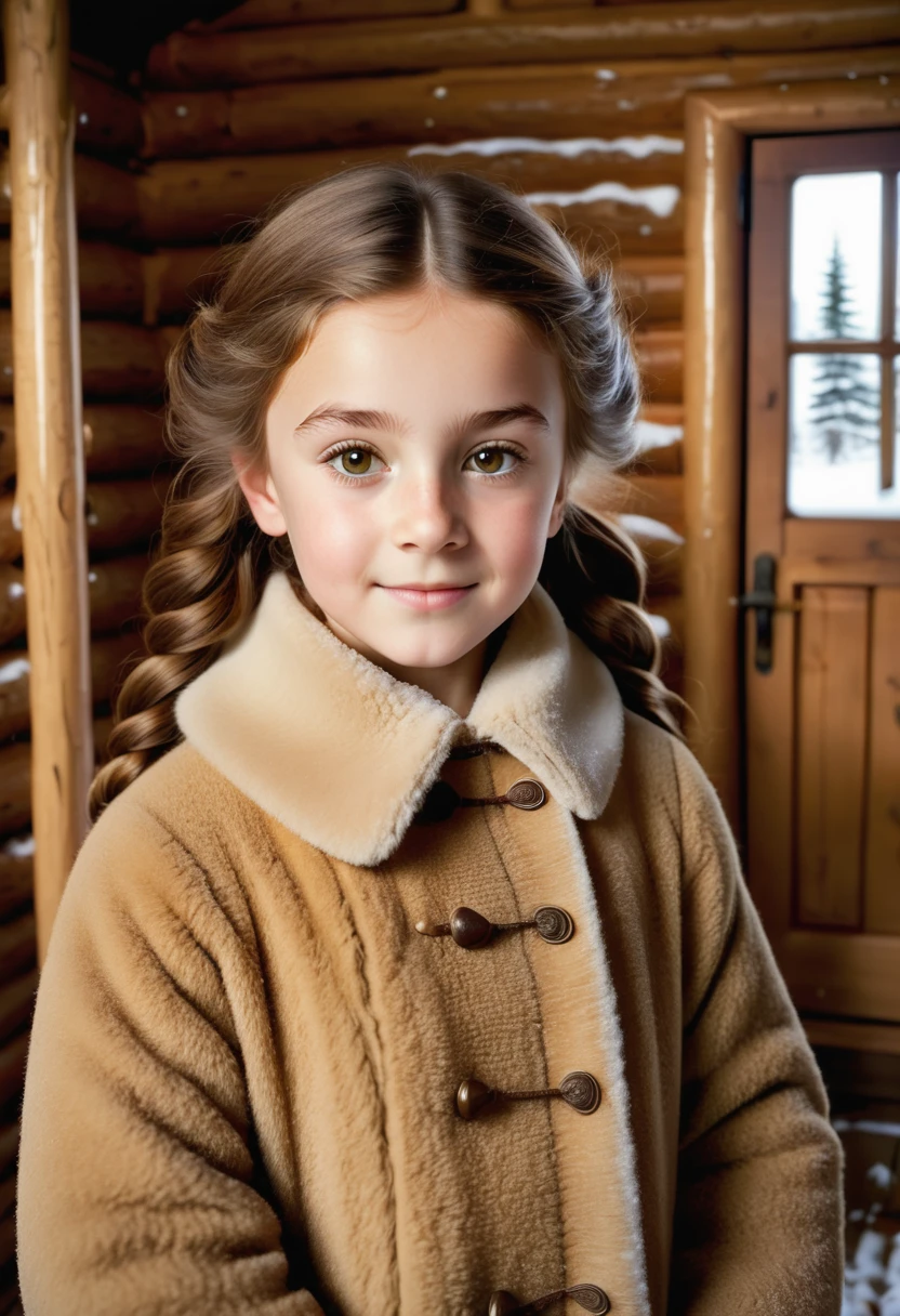 (highly detailed, soft light, photorealistic, dynamic light; cinematic); victorian-era; 1820s; 7 year old girl; English; heart face-shape; pretty; confident superior expression; fair skin; wide brown eyes; light-brown eyebrows; 1820s warm woolen stylish coat; light-brown hair in 1820's hairstyle; standing inside a 1820s Canadian log cabin with snow outside; looking at camera