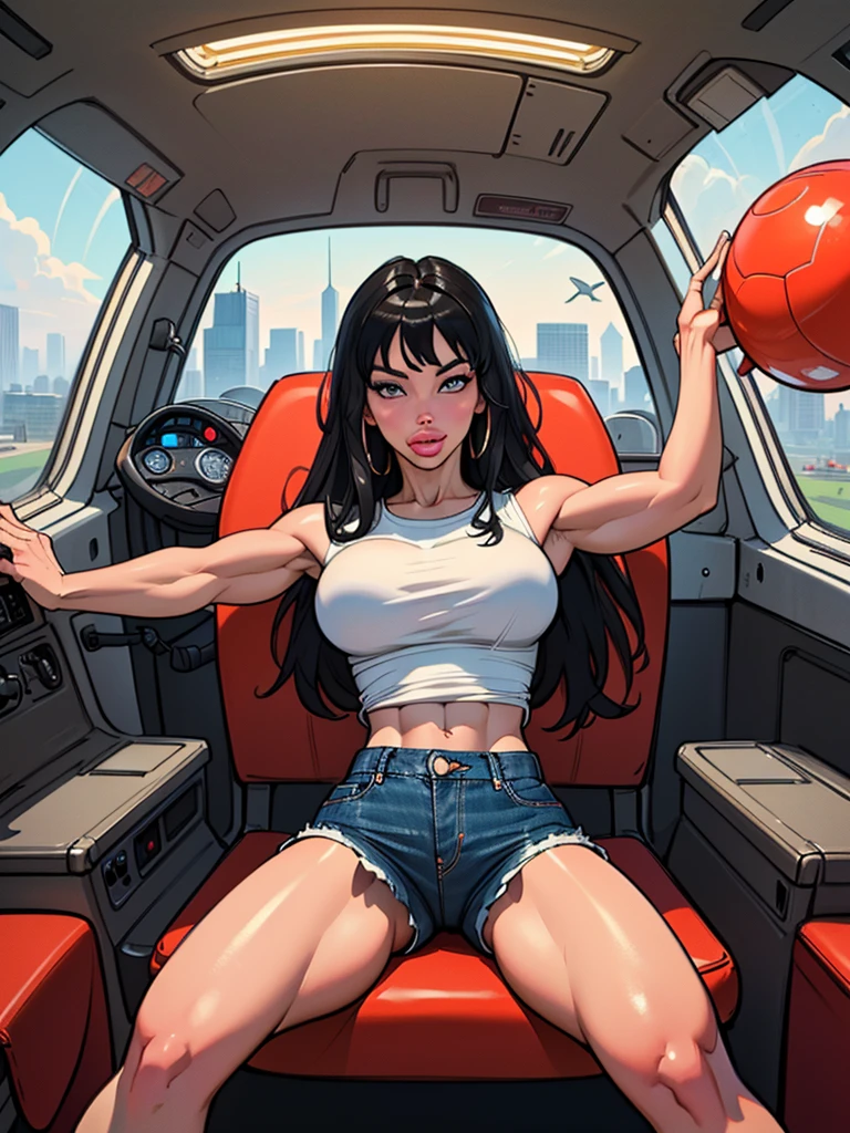 ((Highest image quality)), long black hair, (Illustration of a girl), full body, 2, (neutral)), Brown eyes, ( tall)), (Muscular and strong body)), ((Muscular and thick body)), ((Open legs:1.50)), (((jeans shorts)), (red sleeveless t-shirt), ((inside the spaceship, Sitting in the captain's seat)), (outside the window, city), wide shot, ((masterpiece)), (((Best quality)), 8k, high quality, best quality, award winning, masterpiece, 8k, 16k, HD, 1080P, highres, ccurate