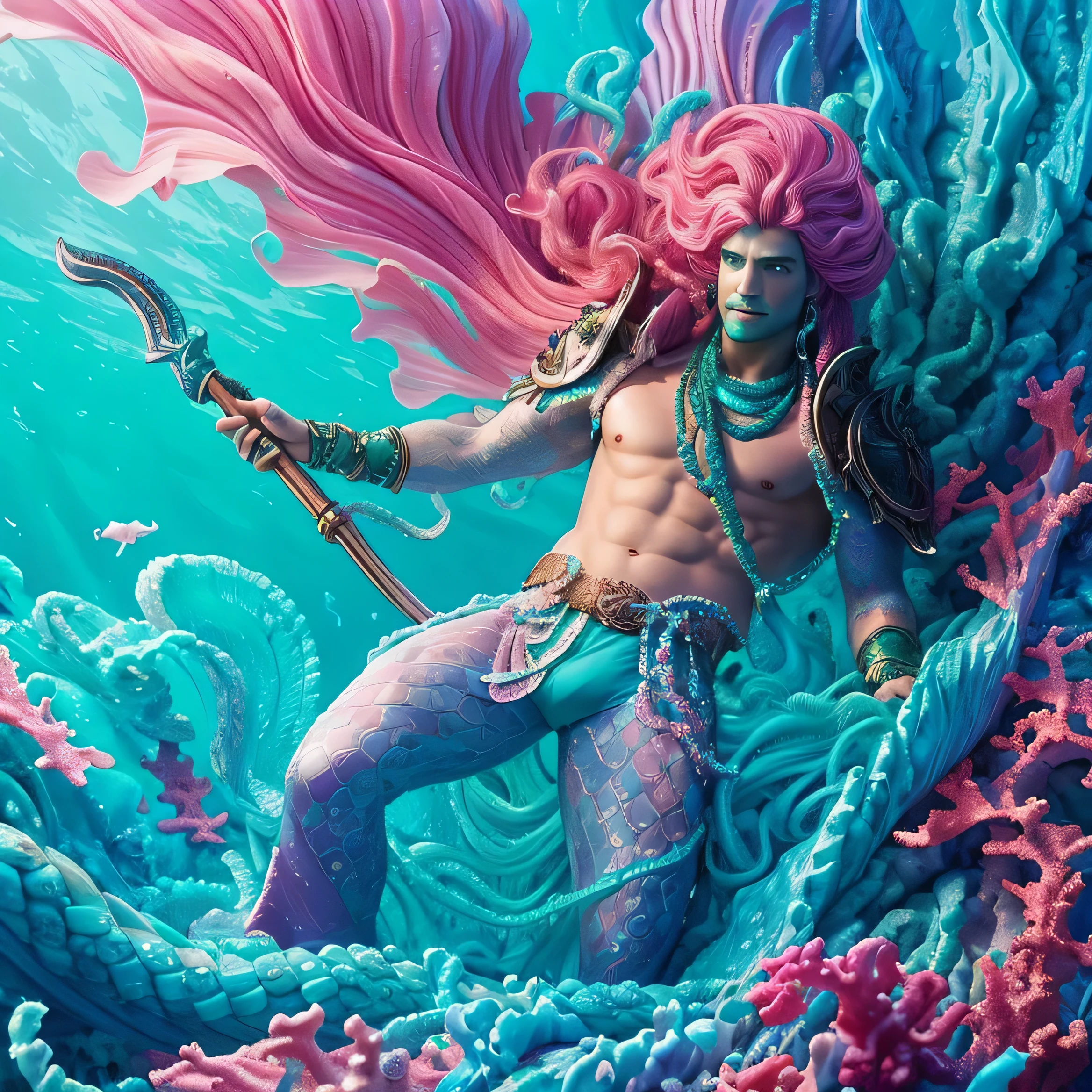 A Merman pirate with emerald scales wearing coral and leather armor. Long seafoam colored dreadlocks with shells in them. He is wielding a crackling trident. Infectious mirth bubbling from his lips. At the helm of a ship  david lachapell

Detailed, 8k, seafoam blue and pink color palette, human-like sea creature