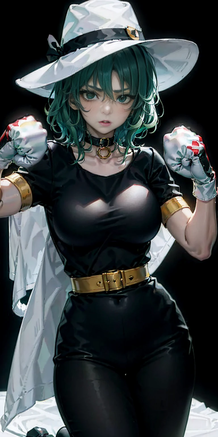 ((black background)) Tatsumaki kneel on WHITE sheet, short bob hair green hair, GREEN EYES, kindergarten_uniform,yellow hat,red school bag, leather choker collar slave , (hands on hips, clenching fist 👊 ✊️)