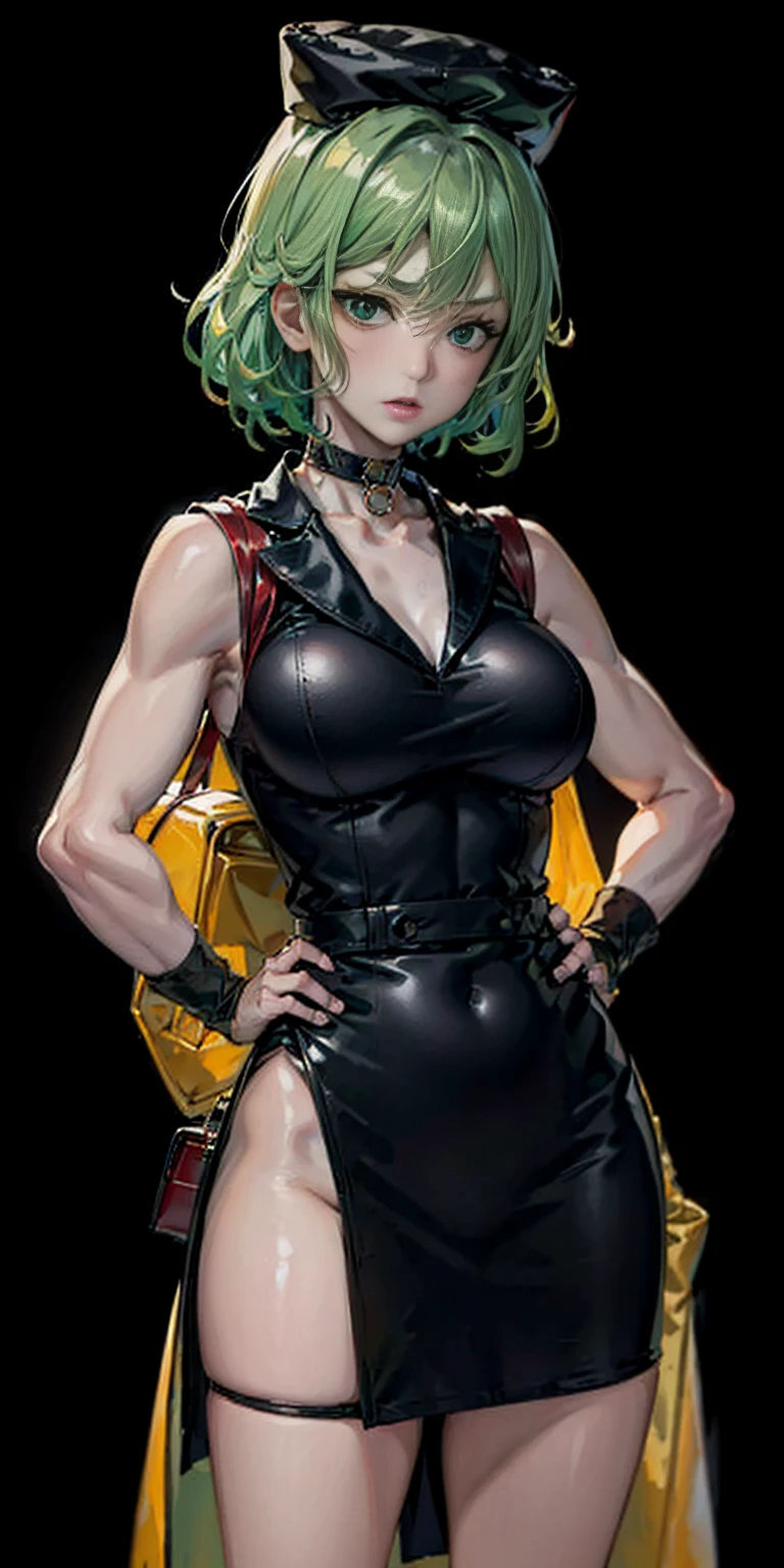 ((black background)) Tatsumaki kneel on WHITE sheet, short bob hair green hair, GREEN EYES, kindergarten_uniform,yellow hat,red school bag, leather choker collar slave , (hands on hips, clenching fist 👊 ✊️)