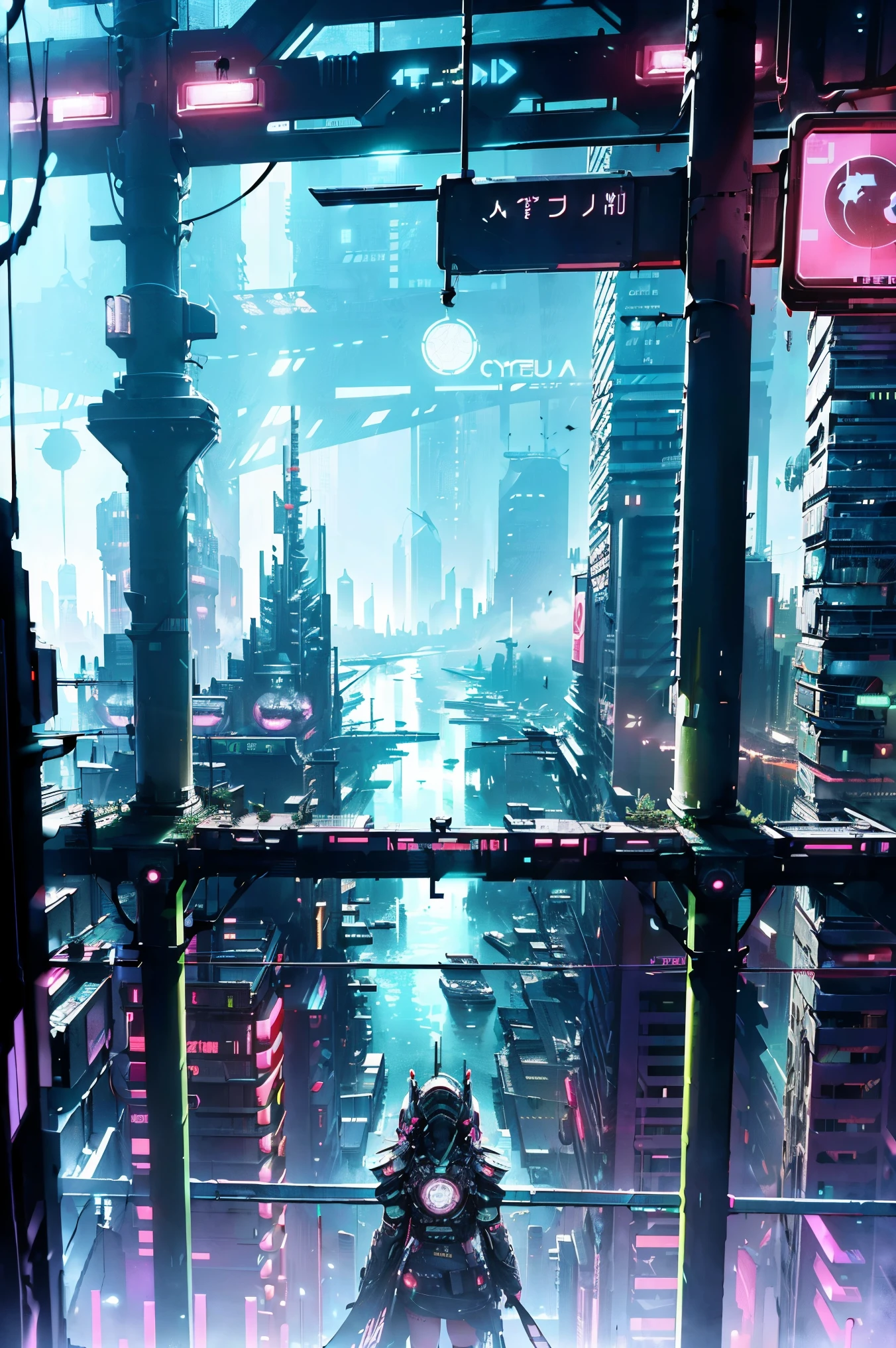 ((Cyberpunk future)), image of the center of a cyberpunk city, surrounded by buildings with a river in the middle, ferry in the city, yellow ferry, point crossing the city, advertising signs everywhere, retro future