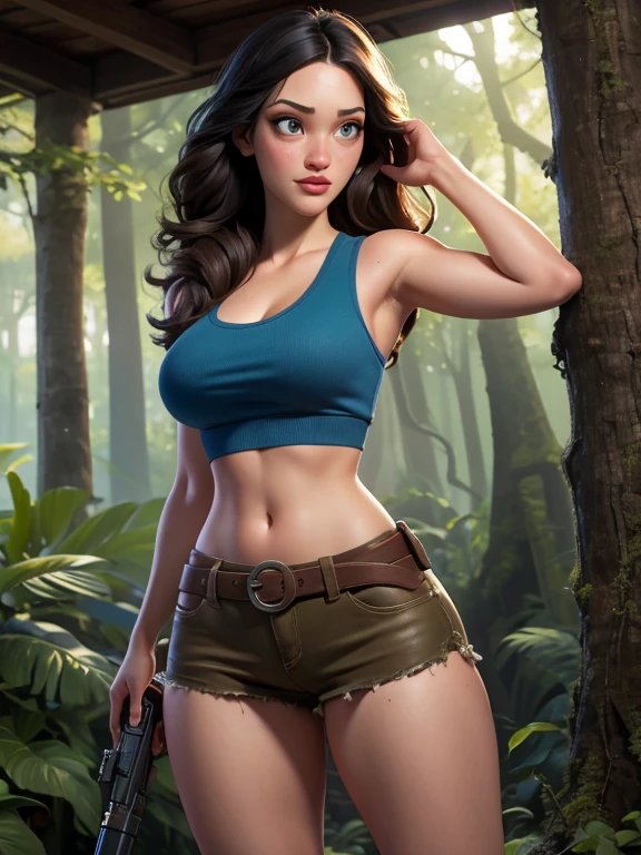 Masterpice, Lara Croft Tomb Raider, blue tank top, torn, sexy, huge breast, big butts, sexy, pistol in her hand, sexy looks, beautiful Kat Dannings face, Deusa da sensualidade, Corpo perfeito, Seios empinados e perfeitos, Beleza angelical, Corpo com curvas, pose sensual, Corpo inteiro, Scenery and an Enchanted Forest, Hiper realista, Cores Fortes e vibrantes, 1girl, solo, one girl, Generate ultra high ppi Hasselblad H6D 400 MS-camera image, 717 gigapixel, Kat Dennings' face, skin glow, Kat Dennings' nose, Kat Dennings' glabella, Kat Dennings' philtrum, Kat Dennings' chick, Kat Dennings' chick bones, Kat Dennings' jaw lines, Kat Dennings' forehead, Kat Dennings' eyes ((only dark colour)) and Kat Dennings' lips, exactly same face expressions, realistic detailed CGI octane render, maintain winning level facial anatomy aspect ratio, best eyes aspect ratio, full body portrait, natural skin shine from inside skin, piercing gaze