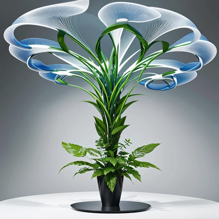 "Futuristic, spellbinding plant designs intertwining plants, technology, and radiance.