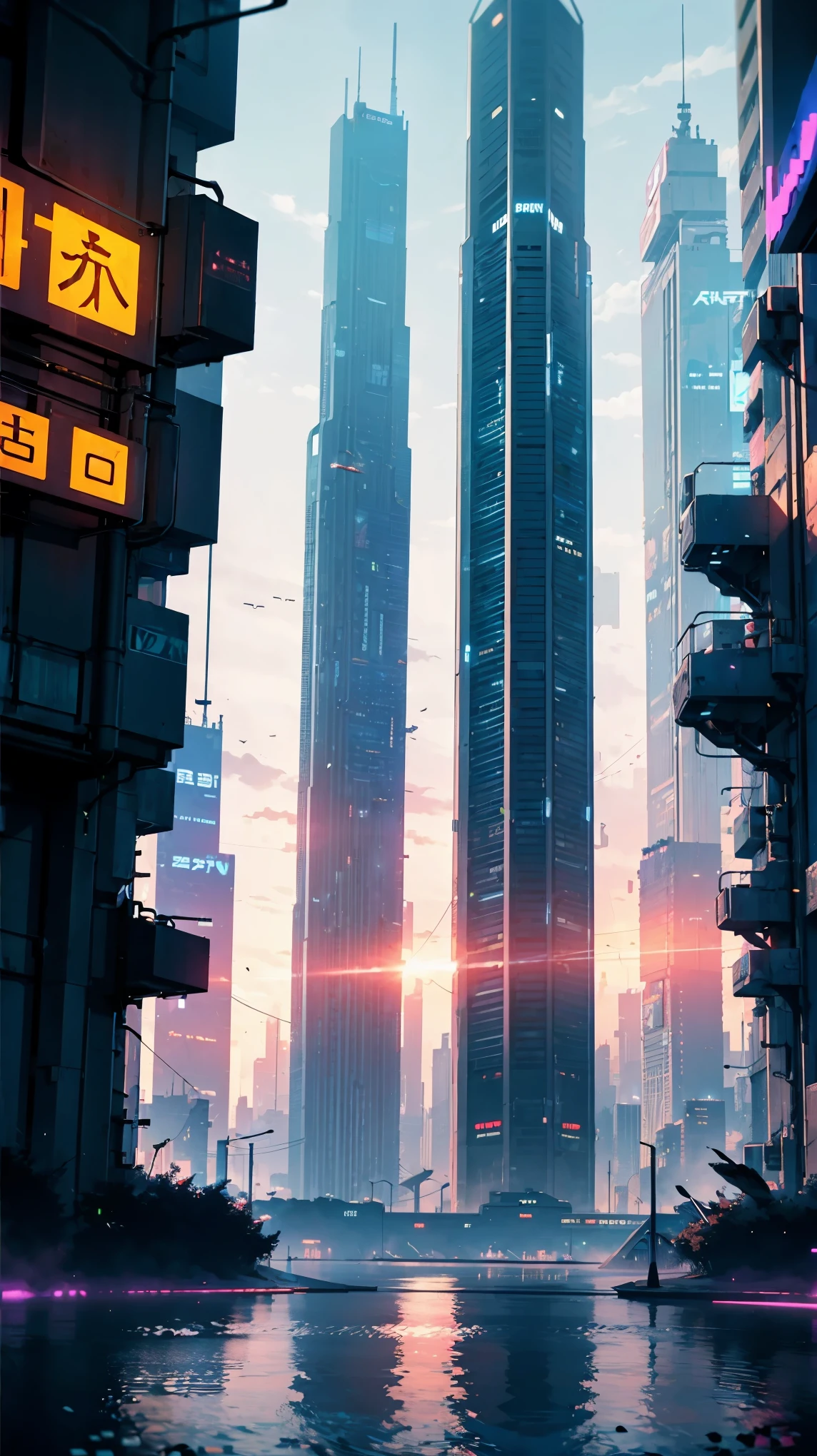 ((Cyberpunk future)), image of the center of a cyberpunk city, surrounded by buildings with a river in the middle, ferry in the city, yellow ferry, point crossing the city, advertising signs everywhere, retro future