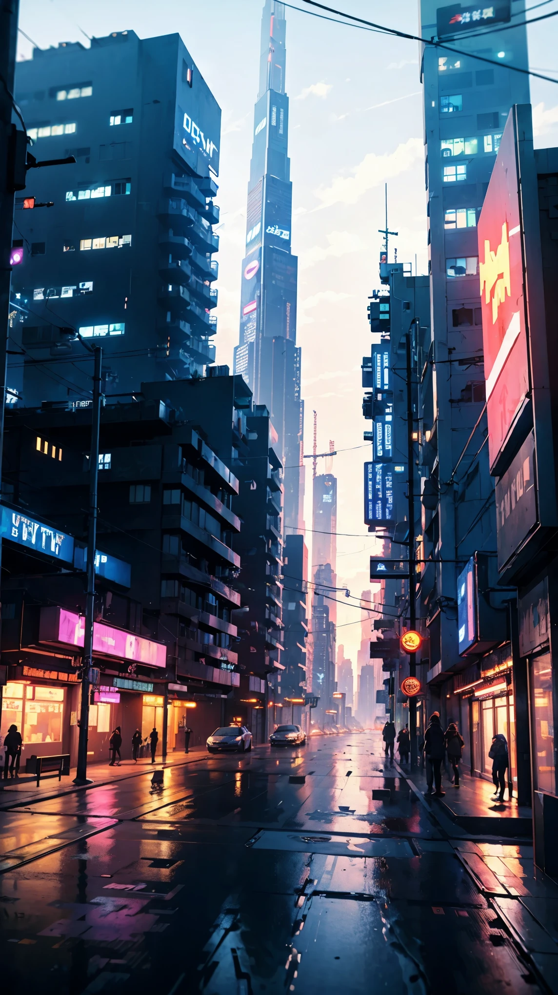 ((Cyberpunk future)), image of the center of a cyberpunk city, surrounded by buildings with a river in the middle, ferry in the city, yellow ferry, point crossing the city, advertising signs everywhere, retro future