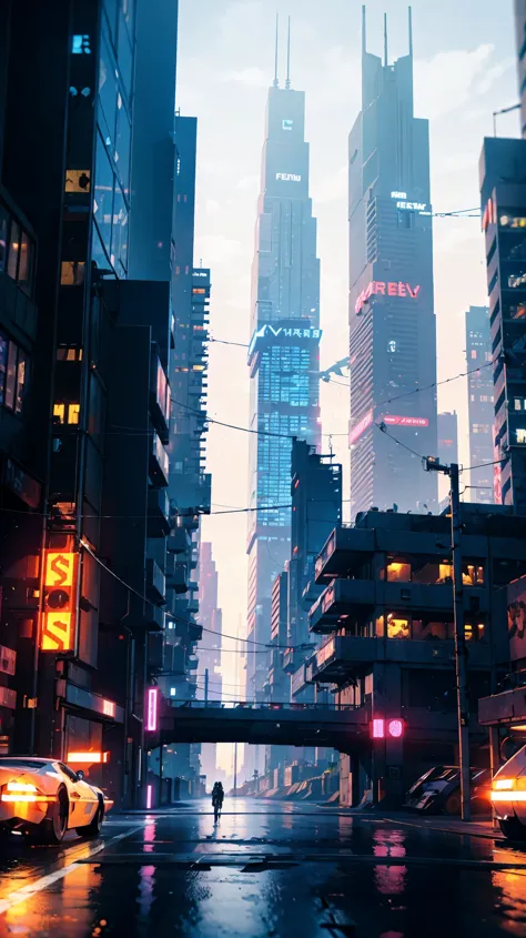 ((cyberpunk future)), image of the center of a cyberpunk city, surrounded by buildings with a river in the middle, ferry in the ...