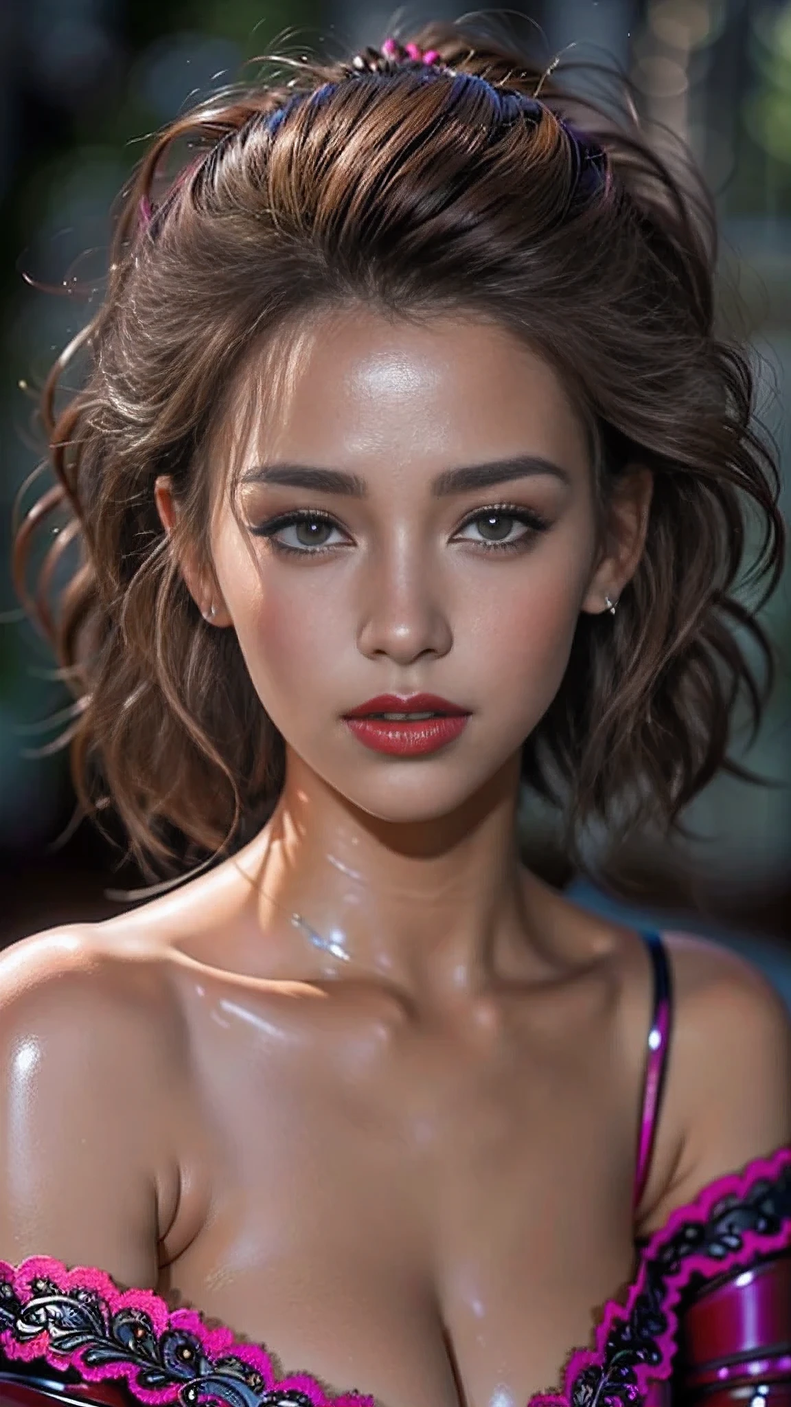 Divide Ratio : 1,1,1 Base Ratio: Ultra-realistic movie master pie with ultra-detailed primetime portraits, (最high quality, 8k, table top, Ultra HD),masterpiece,最high quality,high quality,High resolution,perfect dynamic composition:1.2,beauty (mixed girl)(jessica alba:0.55) in of a (1girl:1.3 22-year-old),(photo realistic),(Hyper realistic),(Fujicolor,daytime soft lighting),fashion supermodel,(best high quality real texture skin),(Highly quality texture hair),((curly hair((slicked to the two side))Intricately detailed:1.3)),(outdoors,in the park),(perfect proportions),(anatomically correct),(perfect female body),((firm normal full breasts),slim face,beautiful cheekbones,((slim,swell-muscled body)),(Super beautiful face),(realistic face),(highly detailed face),absurd,(Intricately detailed eyes),(tired and sleepy and satisfied:0.0),a woman's eye with a digital rendering,realistic eyes,perfect round eyes,finely detailed pupils,BREAK((brown_eyes)),detailed lips,(red_lipstick),(dark_makeup),(Detailed nose),Wear an off-the-shoulder top, full bodyesbian,dark shot,(Intricately Detailed lace-up latex BDSM Outfit:1.3)),dynamic pose,((shot above the knee)),look at the viewer