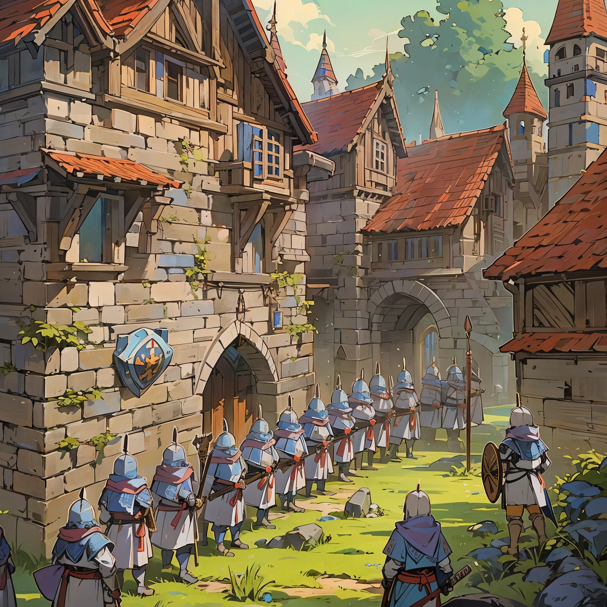 A fortress(European medieval barracks，Bootcamp，blue roof，cyan tile wall)，There is a tower，There is a watchtower，There are many weapons in it(sword，shield，spear)，There are also many European medieval soldiers，Soldiers lined up squarely。Medium shot composition，Panorama pictures，Scene screen，game concept art style，Anime illustration style，Marker style，HD，4K。