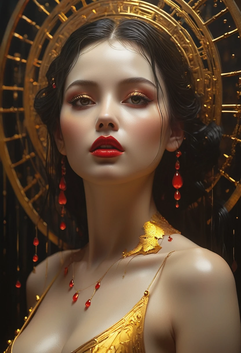 Dark Ambient silhouette of a beautiful woman, relief, oil painting, red-yellow drops, thin smooth lines, wax, long strokes, light delicate shades, + 36.5 mm f0 cinematic quality, + style by Jeremy Mann, Peter Elson, Alex Maleev, Ryohei Hase, Rafael Sanzio, Pino Daeni, Charlie Bowater, Albert Joseph Peno, Ray Caesar, Giger, Jay Fu, Gustave Dore, Stephen Gammell, masterpiece of artistic portrait, multi-layered sheets, techniques used: lithography, chiaroscuro, atmospheric perspective, unreal engine, Greg Rutkowski, Leusch, Rads, Beeple, Makoto Shinkai and Lois van Baerle, Ilya Kuvshinov, Rossdros, Tom Bagshaw, Alphonse Mucha, global coverage, detailed and complex environments...biopunk style, doll face, intricate fine line art, intricate, 8k, ultra detail, artstation trends, sharp focus, studio photography, intricate detail, high detail, by Greg Rutkowski