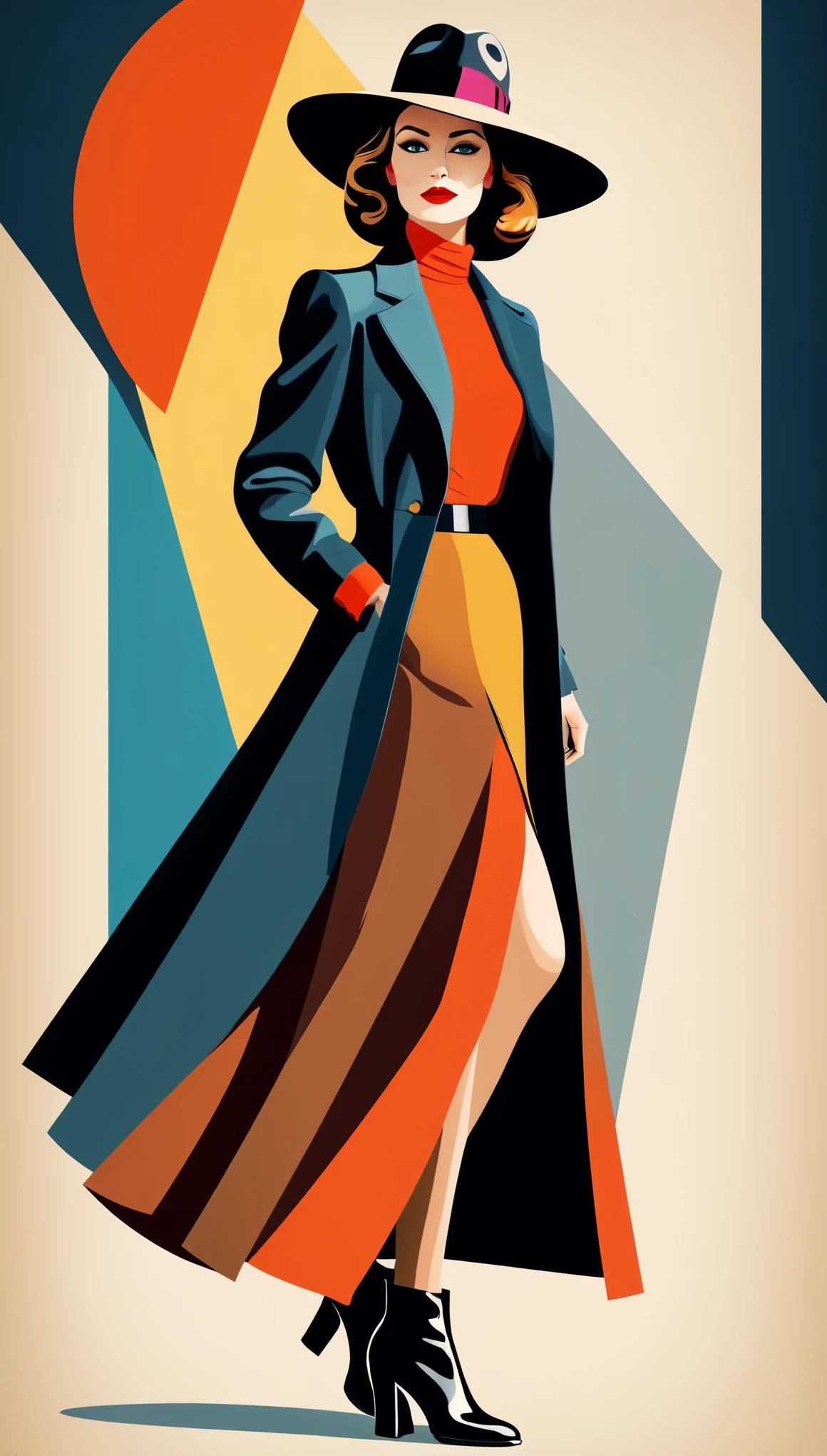 (vector art:1.5),masterpiece,best quality,1lady,standing,boots,long skirt,jacket,hat,full body,perfect proportions,solid colors,spy movie poster,gorgeous color grading,harmonious colors,bauhaus,shapes,lines,abstract