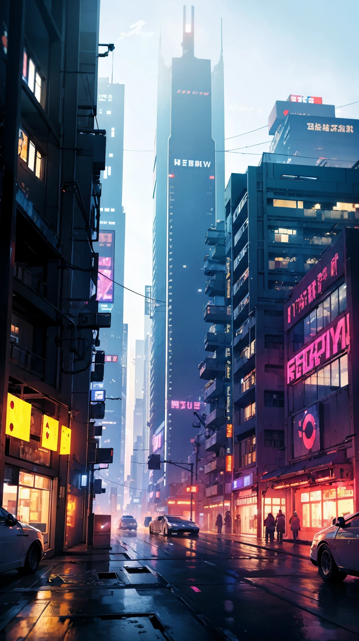 ((Cyberpunk future)), image of the center of a cyberpunk city, surrounded by buildings with a river in the middle, ferry in the city, yellow ferry, point crossing the city, advertising signs everywhere, retro future