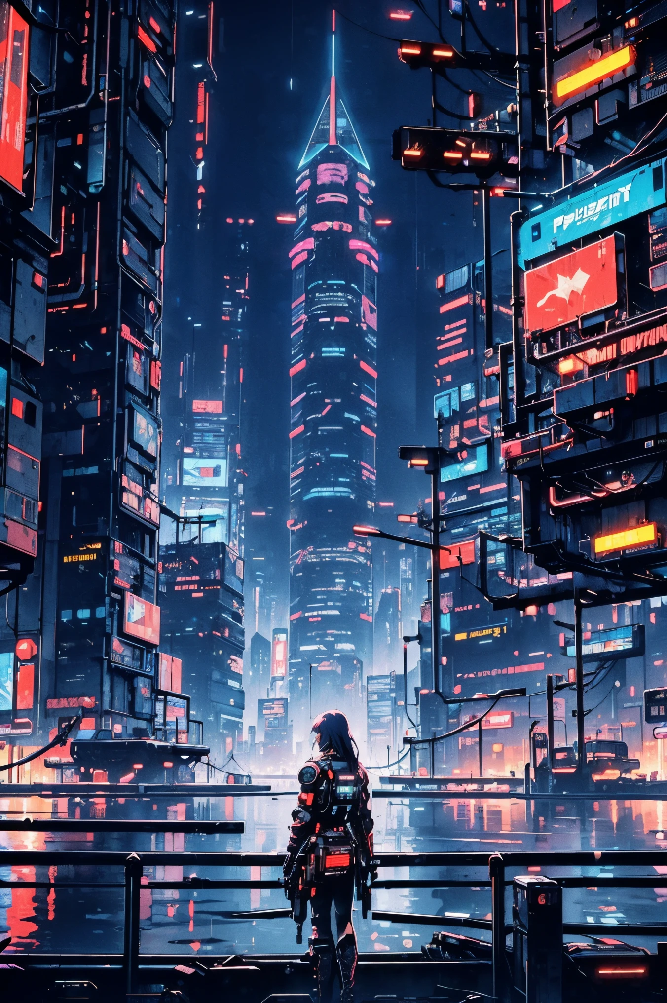 ((Cyberpunk future)), image of the center of a cyberpunk city, surrounded by buildings with a river in the middle, ferry in the city, yellow ferry, point crossing the city, advertising signs everywhere, retro future