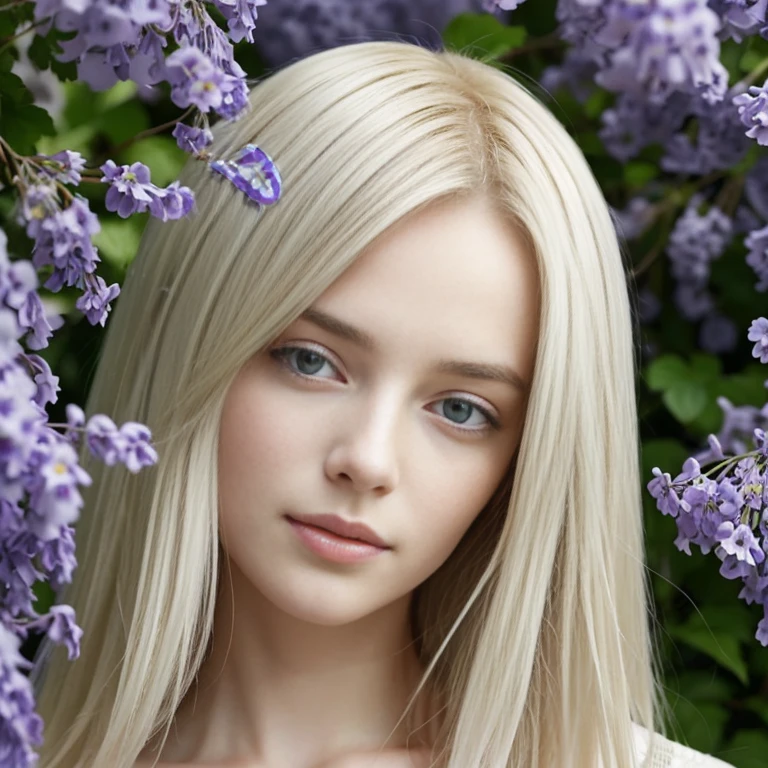 Femme de race blanche aux yeux violets, cheveux blonds platine longs et raides, portant un haut à rayures, surrounded by lush green foliage in the background.