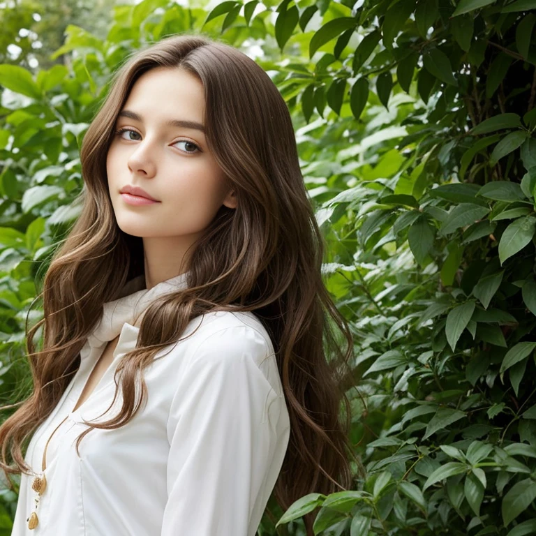Femme de race blanche aux yeux noisette, long and wavy brown hair, portant un chemisier blanc, surrounded by lush green foliage in the background