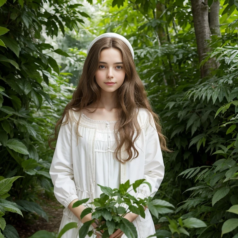 Femme de race blanche aux yeux noisette, long and wavy brown hair, portant un chemisier blanc, surrounded by lush green foliage in the background