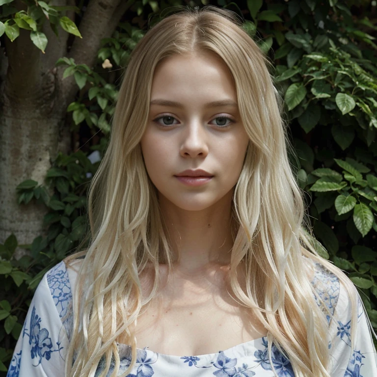 Femme de race blanche aux yeux bleus, long wavy blonde hair, wearing a floral patterned dress, surrounded by lush green foliage in the background.