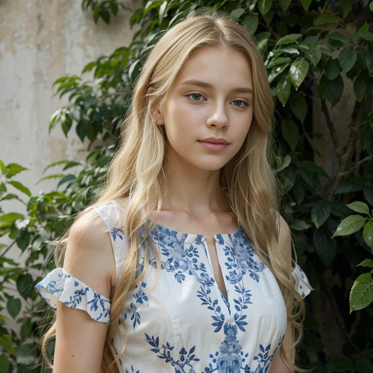 Femme de race blanche aux yeux bleus, long wavy blonde hair, wearing a floral patterned dress, surrounded by lush green foliage in the background.