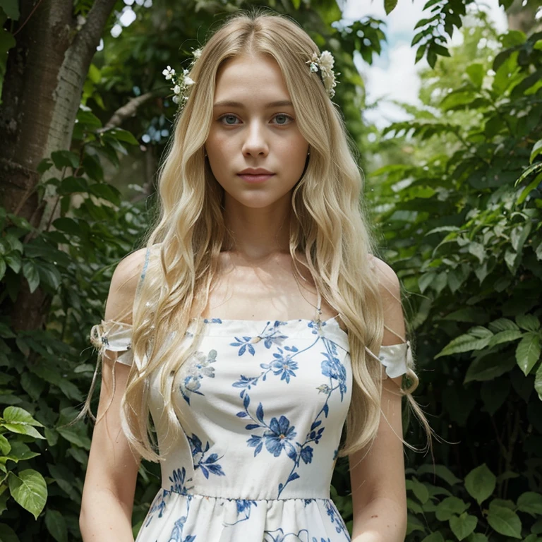 Femme de race blanche aux yeux bleus, long wavy blonde hair, wearing a floral patterned dress, surrounded by lush green foliage in the background.