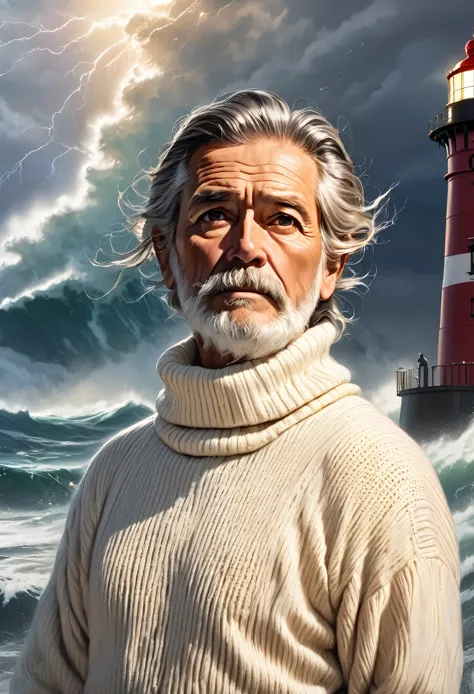 Harsh face image (Old fisherman:1.3), (Focus on the face:1.5), (storm:1.2), (Wave:1.3), Ocean, (lighthouse wallpaper:1.3), (Cowb...