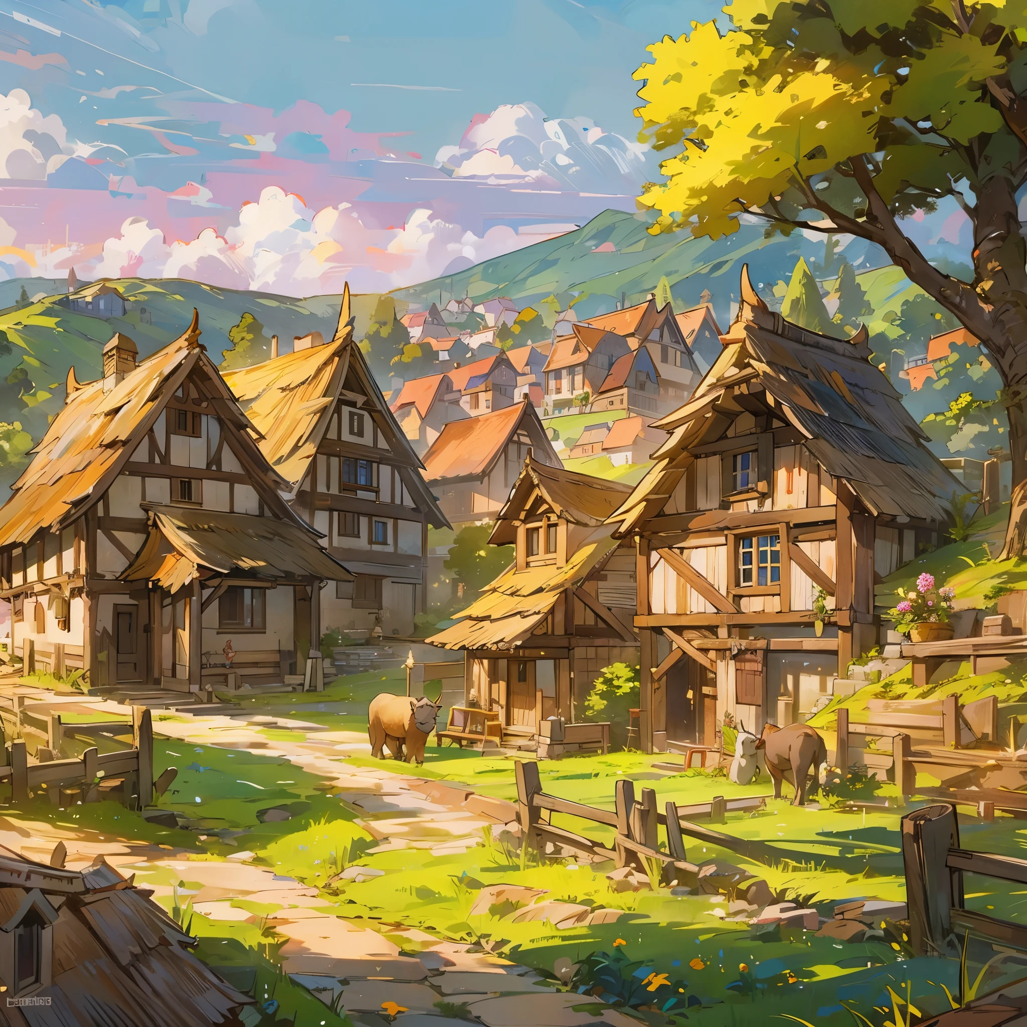 un pueblo en un(pueblo medieval europeo)，hay chalets，Hay agricultores cultivando，hay vacas，hay ovejas，Hay tierras de cultivo。Composición de plano medio，Imágenes panorámicas，Pantalla de escena，Estilo de arte conceptual del juego.，Estilo de ilustración de anime，alta definición，4k。