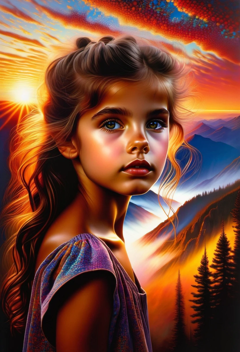 A captivating portrait of a young girl by Chuck Close, gaining popularity on DeviantArt.A mesmerizing sunset over the mountains by Thomas Moran, trending on Behance
