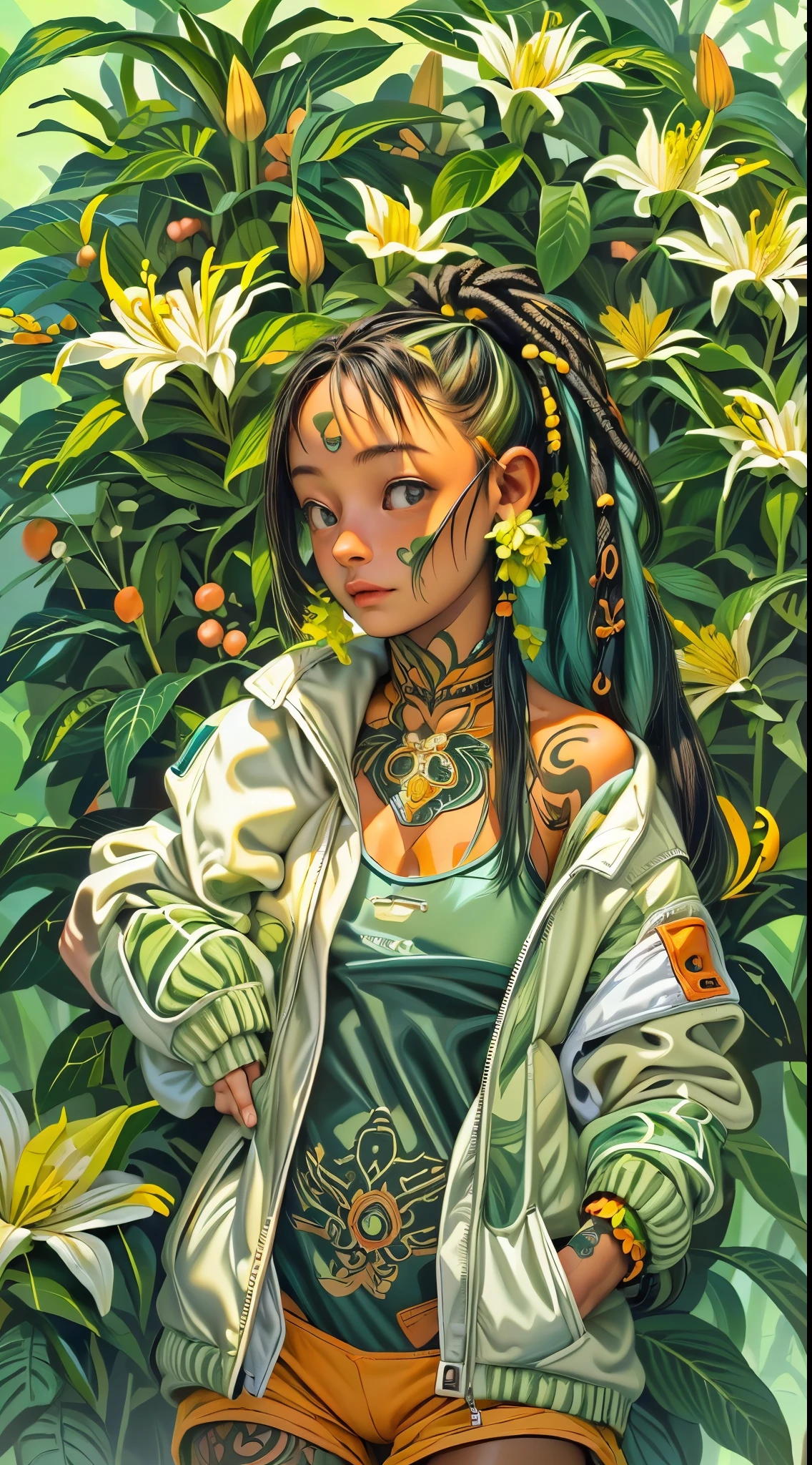 ((girl), (green:1.5, orange:1.1, white:1.3, yellow:1.3))_((very sexy rapper girl with dreadlocks hair), tattoos,(naked body parts), (down jacket :1.2),(Jacket on a naked body, mother, thong))__(( fractal, Flowers, leaves, Fog, lilies, circles background)).