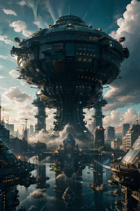 ((futuro ciberpunk)), imagen del centro de una ciudad cyberpunk, surrounded by buildings with a river in the middle, ferry en la...