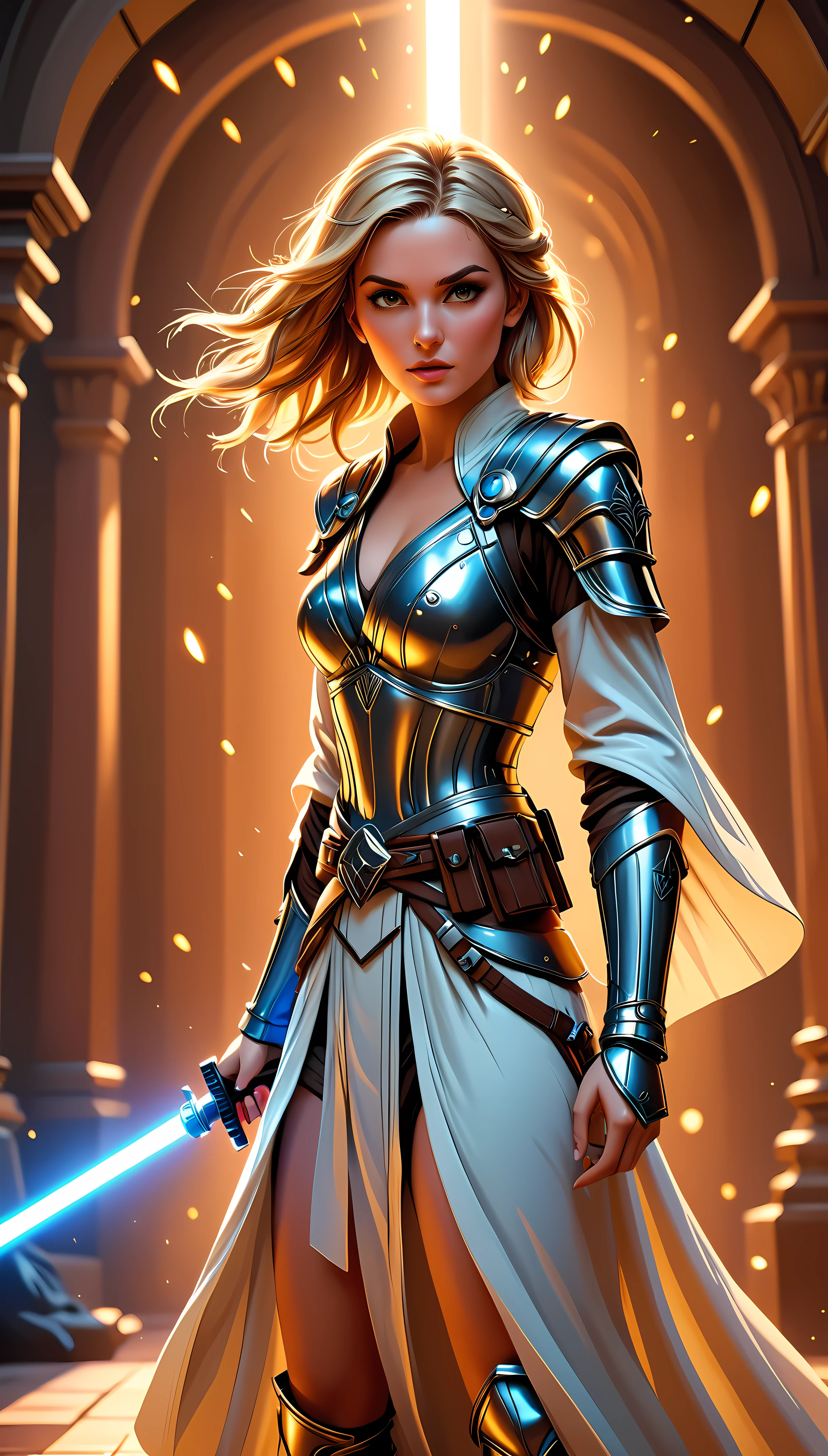 ((Masterpiece in maximum 16K resolution):1.6), ((vector cartoon illustration:)1.5), ((Vector art):1.4), ((Geometric style and minimalism):1.5), ((Wide angle painting):1.2) | (Cinematic photo of a fighting Female Jedi), (Supermodel beauty with braided blonde hair and aquiline nose), ((Full body):1.2), ((Jedi Robe):1.2), ((Light Sabre):1.3), ((tyndall effect):1.1), ((golden hour):1.2), ((sense of action):1.1), (shimmer), (visual experience), (Realism), (Realistic), award-winning graphics, dark shot, film grain, extremely detailed, Digital Art, rtx, Unreal Engine, scene concept anti glare effect, All captured with sharp focus. Rendered in ultra-high definition with UHD and retina quality, this masterpiece ensures anatomical correctness and textured skin with super detail. With a focus on high quality and accuracy, this award-winning portrayal captures every nuance in stunning 16k resolution, immersing viewers in its lifelike depiction. Avoid extreme angles or exaggerated expressions to maintain realism. ((perfect_composition, perfect_design, perfect_layout, perfect_detail, ultra_detailed)), ((enhance_all, fix_everything)), More Detail, Enhance. Rendered in ultra-high definition with UHD and retina quality, this masterpiece ensures anatomical correctness and textured skin with super detail. With a focus on high quality and accuracy, this award-winning portrayal captures every nuance in stunning 16k resolution, immersing viewers in its lifelike depiction. Avoid extreme angles or exaggerated expressions to maintain realism. ((perfect_composition, perfect_design, perfect_layout, perfect_detail, ultra_detailed)), ((enhance_all, fix_everything)), More Detail, Enhance.