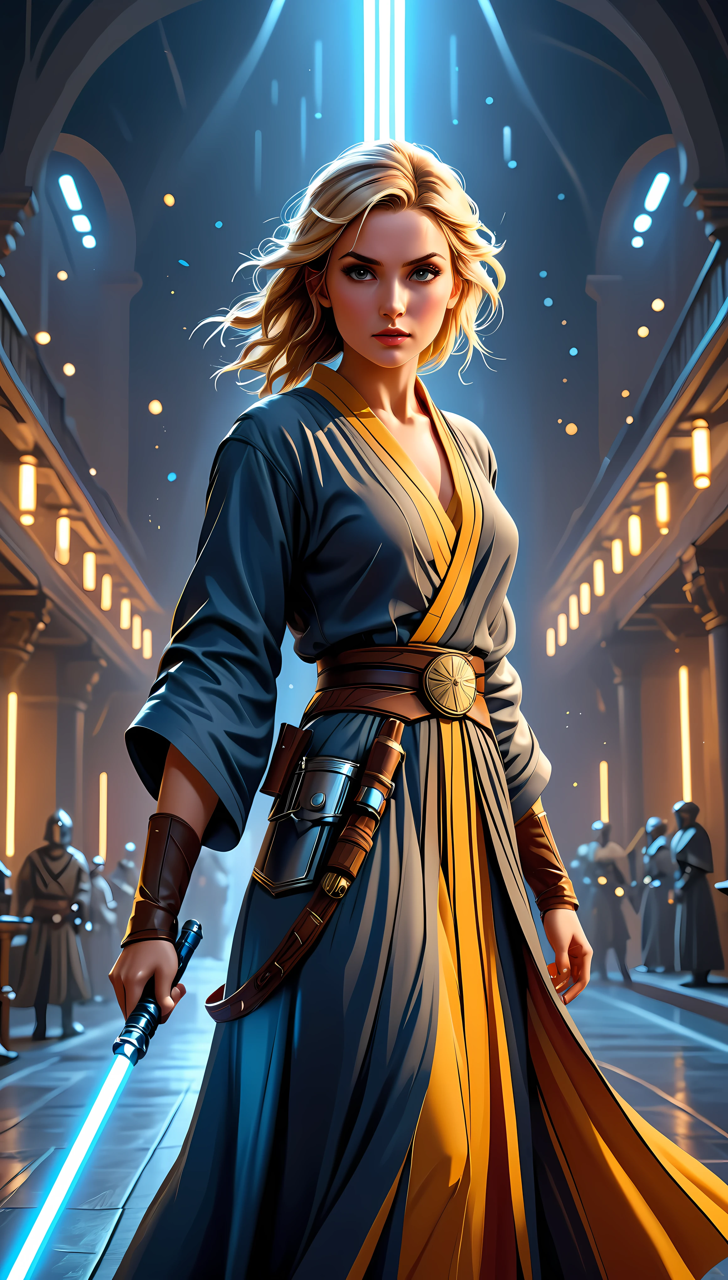 ((Masterpiece in maximum 16K resolution):1.6), ((vector cartoon illustration:)1.5), ((Vector art):1.4), ((Geometric style and minimalism):1.5), ((Wide angle painting):1.2) | (Cinematic photo of a fighting Female Jedi), (Supermodel beauty with braided blonde hair and aquiline nose), ((Full body):1.2), ((Jedi Robe):1.2), ((Light Sabre):1.3), ((tyndall effect):1.1), ((golden hour):1.2), ((sense of action):1.1), (shimmer), (visual experience), (Realism), (Realistic), award-winning graphics, dark shot, film grain, extremely detailed, Digital Art, rtx, Unreal Engine, scene concept anti glare effect, All captured with sharp focus. Rendered in ultra-high definition with UHD and retina quality, this masterpiece ensures anatomical correctness and textured skin with super detail. With a focus on high quality and accuracy, this award-winning portrayal captures every nuance in stunning 16k resolution, immersing viewers in its lifelike depiction. Avoid extreme angles or exaggerated expressions to maintain realism. ((perfect_composition, perfect_design, perfect_layout, perfect_detail, ultra_detailed)), ((enhance_all, fix_everything)), More Detail, Enhance. Rendered in ultra-high definition with UHD and retina quality, this masterpiece ensures anatomical correctness and textured skin with super detail. With a focus on high quality and accuracy, this award-winning portrayal captures every nuance in stunning 16k resolution, immersing viewers in its lifelike depiction. Avoid extreme angles or exaggerated expressions to maintain realism. ((perfect_composition, perfect_design, perfect_layout, perfect_detail, ultra_detailed)), ((enhance_all, fix_everything)), More Detail, Enhance.