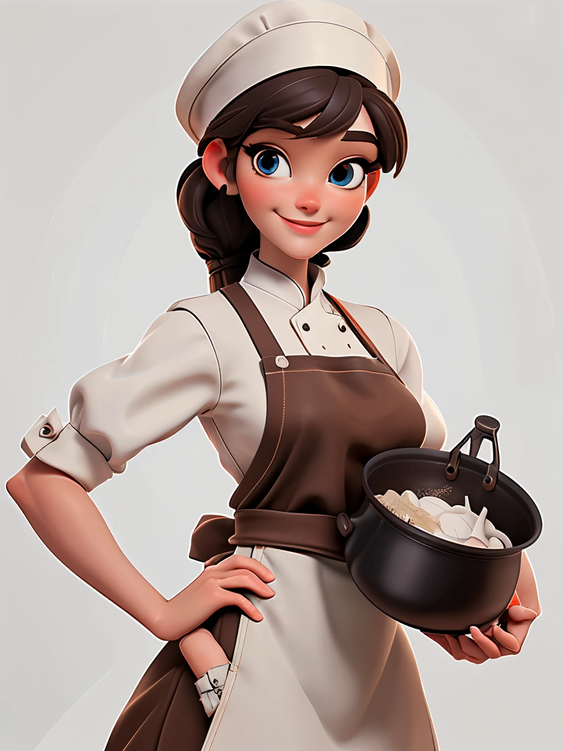 beautiful eyes , (A female chef), best quality, masterpiece, ultra high resolution, Extremely detailed eyes and face, Beautiful and delicate eyes,,(white background:1.2), ((masterpiece, best quality)),Short and medium black hair,slender waist,Pictures from the waist up,Smile,（brown apron,Brown chef hat,brown chef costume),Holding kitchenware
