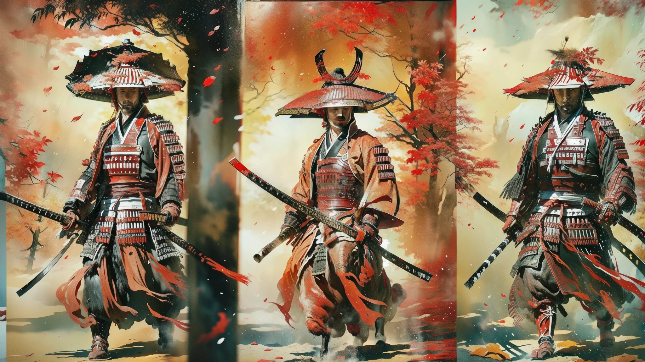 create for me panoramic ,wide angle and watercolour picture, acrylic effects, the picture called The way of Samurai, Samurai walking , wiev from the side, majestic walk, wearing samurai kimono and straw hat, there is a dragon on the right side of the painting, samurai walking from the left, there is a red and blac acrylic paint smugded on the painting, state of art, uhd quality hdr, masterpiece ,