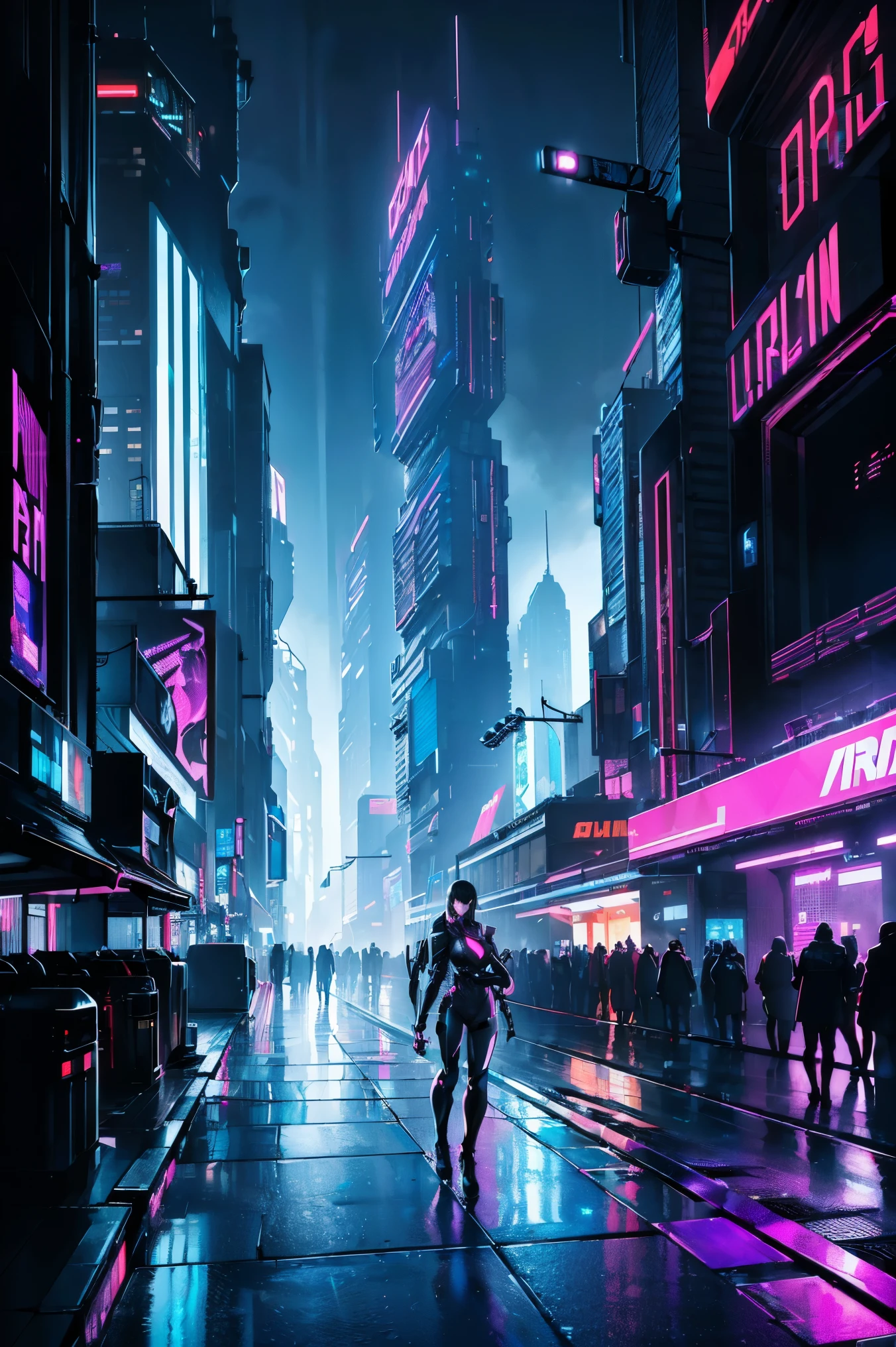 (best quality, highres, ultra-detailed, realistic:1.37), vibrant neon lights, bustling streets, holographic billboards, towering futuristic buildings, advanced technology, flying vehicles, bustling crowds, gritty atmosphere, rainy weather, reflections on wet pavement, sleek architecture, towering skyscrapers, glimmering cityscape, dense urban environment, glowing cyberpunk aesthetics, urban decay, dark alleyways, surveillance cameras, cybernetic implants, augmented reality, futuristic fashion, mysterious shadows, ominous atmosphere, chaotic energy, dystopian society, dark neon color palette, dense smog, secret underground societies, digital billboards, glowing signs, futuristic modes of transportation, contrasting architecture styles, polluted sky, futuristic city skyline, flickering lights, sprawling metropolis, cutting-edge technology, high-tech gadgets, futuristic holograms, vibrant street markets, pulsating energy, technologically advanced society