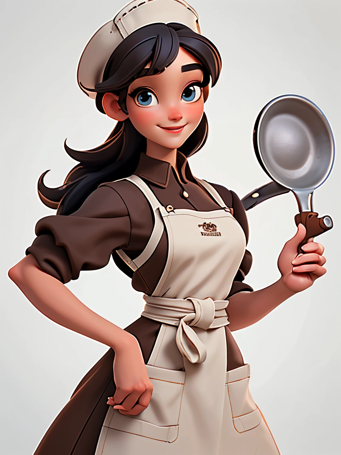 beautiful eyes , (A female chef), best quality, masterpiece, ultra high resolution, Extremely detailed eyes and face, Beautiful and delicate eyes,,(white background:1.2), ((masterpiece, best quality)),Short and medium black hair,slender waist,Pictures from the waist up,Smile,（brown apron,Brown chef hat,brown chef costume),Holding kitchenware
