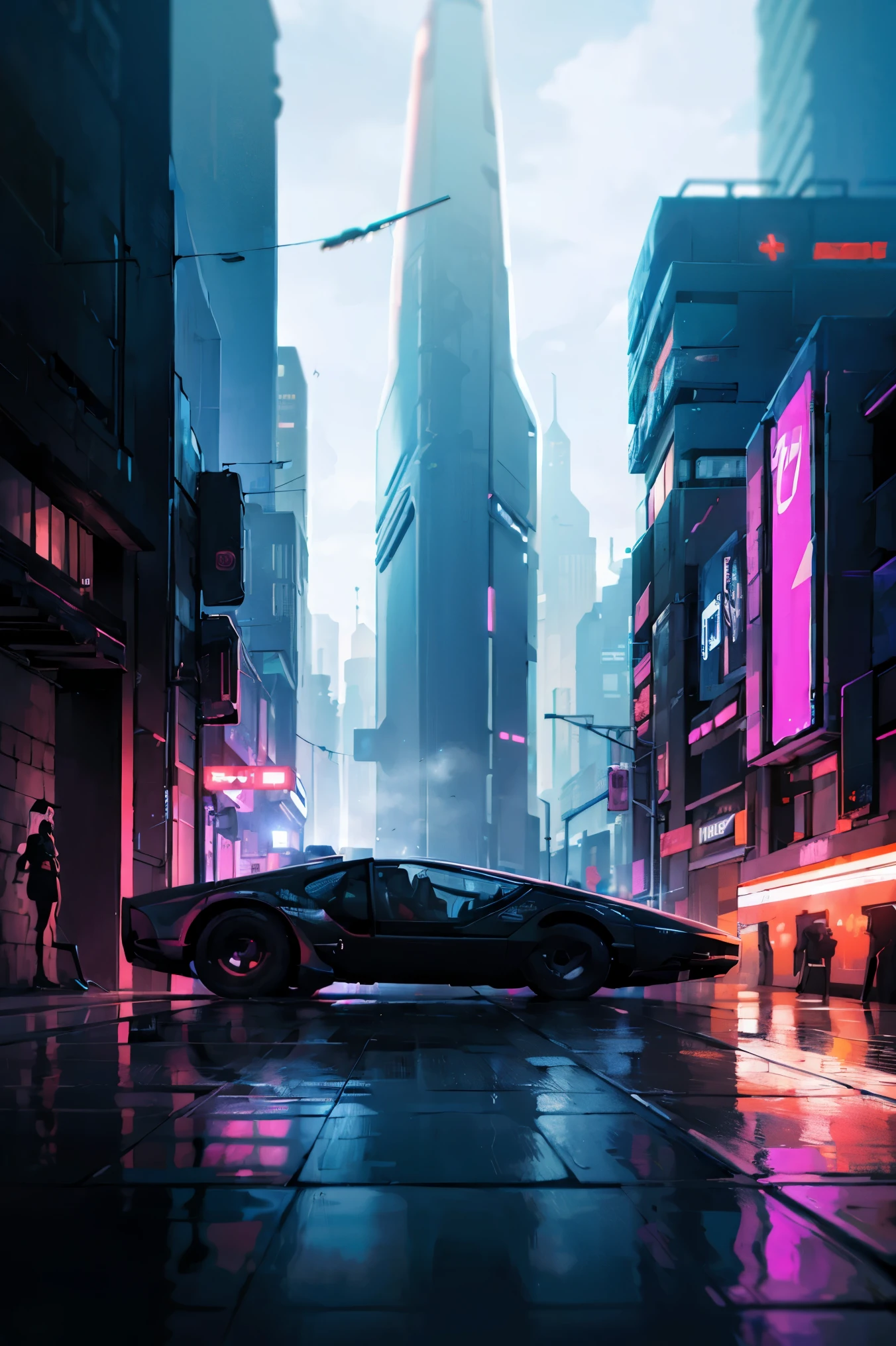 (best quality, highres, ultra-detailed, realistic:1.37), vibrant neon lights, bustling streets, holographic billboards, towering futuristic buildings, advanced technology, flying vehicles, bustling crowds, gritty atmosphere, rainy weather, reflections on wet pavement, sleek architecture, towering skyscrapers, glimmering cityscape, dense urban environment, glowing cyberpunk aesthetics, urban decay, dark alleyways, surveillance cameras, cybernetic implants, augmented reality, futuristic fashion, mysterious shadows, ominous atmosphere, chaotic energy, dystopian society, dark neon color palette, dense smog, secret underground societies, digital billboards, glowing signs, futuristic modes of transportation, contrasting architecture styles, polluted sky, futuristic city skyline, flickering lights, sprawling metropolis, cutting-edge technology, high-tech gadgets, futuristic holograms, vibrant street markets, pulsating energy, technologically advanced society