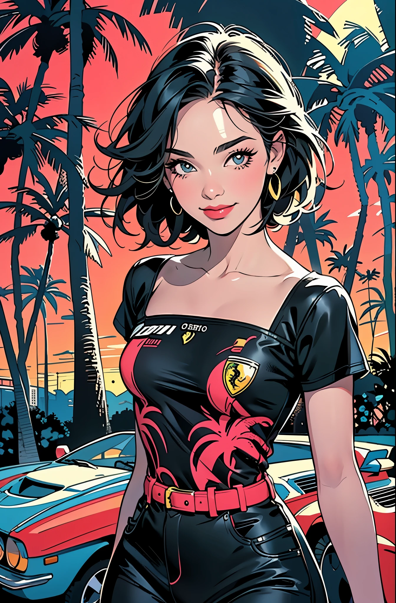 retro girl, sonriente, Miami, atardecer, Ferrari, palmera, años 90, (colores planos, Textura plana, arte lineal:1.2), diseño grafico, (tinta pesada, negros de tinta),