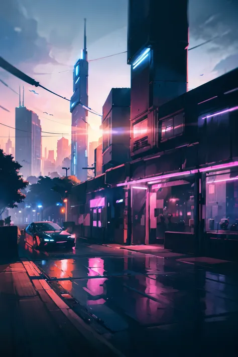 (best quality, highres, ultra-detailed, realistic:1.37), vibrant neon lights, bustling streets, holographic billboards, towering...