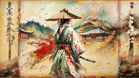 create for me panoramic ,wide angle and watercolour picture, acrylic effects, the picture called the way of samurai, samurai wal...