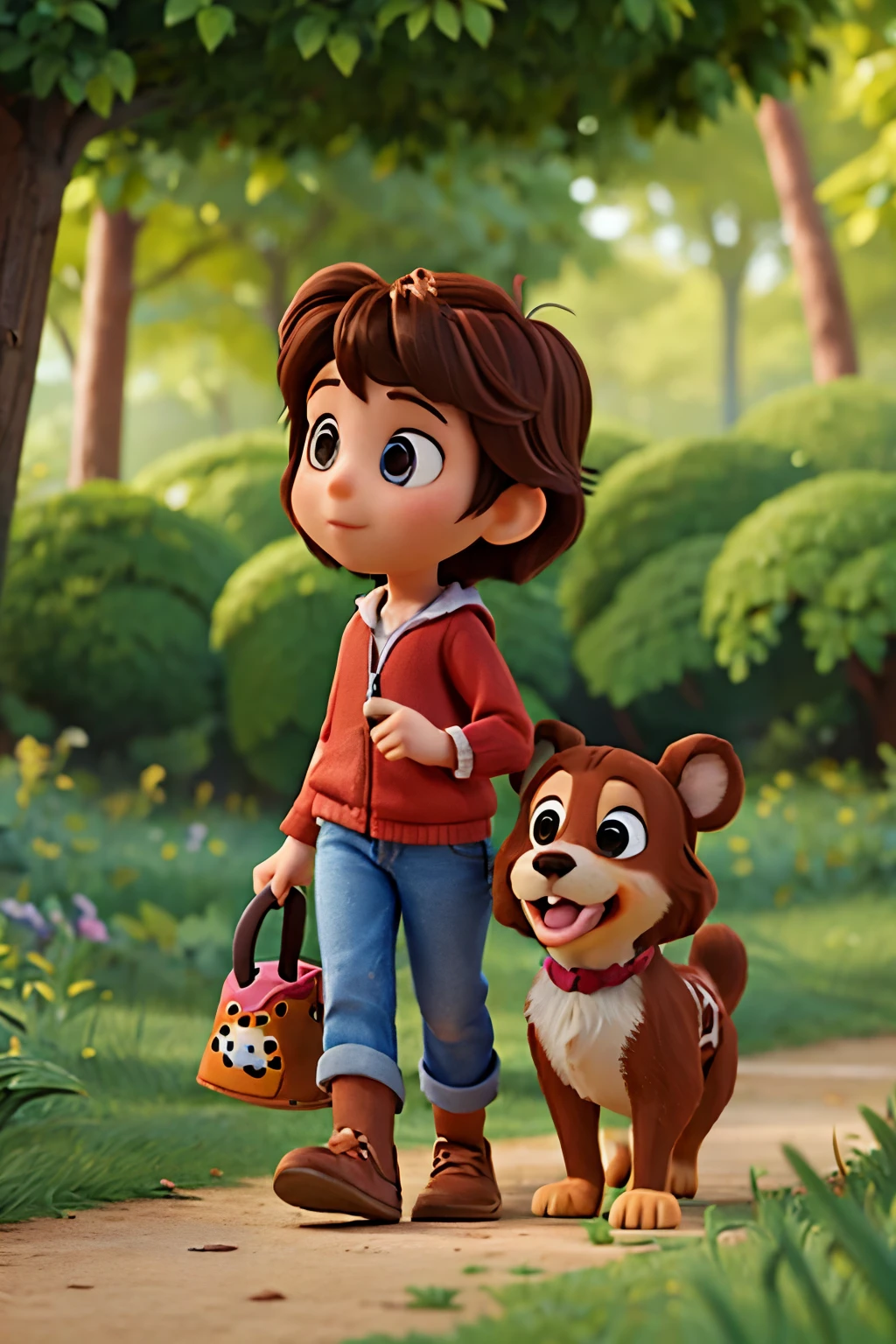 Disney-Pixar-Kind mit braunen Haaren mit einem Hund im Wald