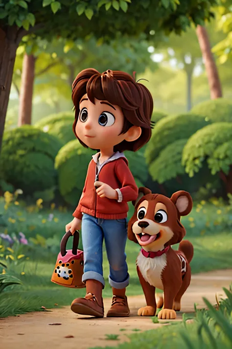 Disney pixar kid with brown hair with a dog in the forest