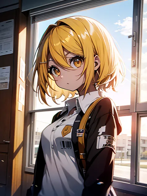 Kagamine Rin , por rubio  , coletas 、ojos rojos、Hermosa chica sola、quimono、una minifalda、aula de escuela 、sentado en pupitre , l...