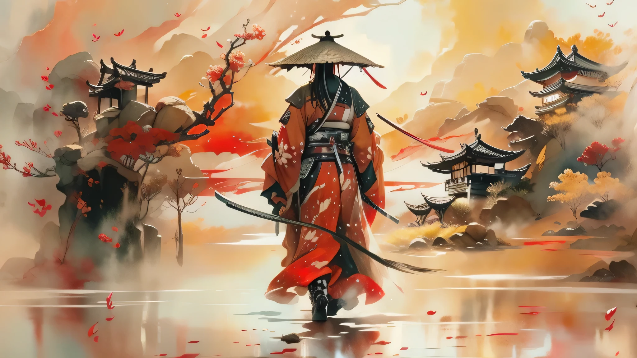 create for me panoramic ,wide angle and watercolour picture, acrylic effects, the picture called The way of Samurai, Samurai walking , wiev from the side, majestic walk, wearing samurai kimono and straw hat, there is a dragon on the right side of the painting, samurai walking from the left, there is a red and blac acrylic paint smugded on the painting, state of art, uhd quality hdr, masterpiece ,