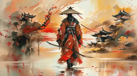 create for me panoramic ,wide angle and watercolour picture, acrylic effects, the picture called the way of samurai, samurai wal...